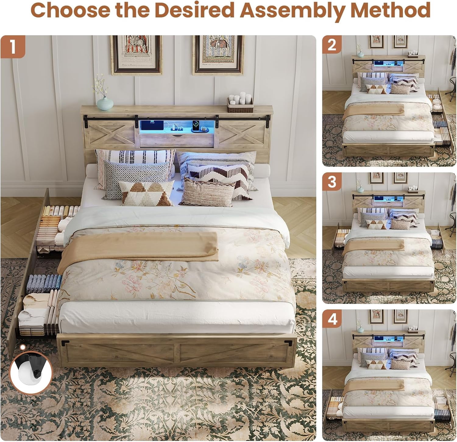 Farmhouse California King Size Bed Frame with LED Lights, Charging Station, Wooden California King Bed with Storage Bookcase Headboard, 2 Drawers, Country Rustic Bed Frame with Sliding Barn Door,Gray