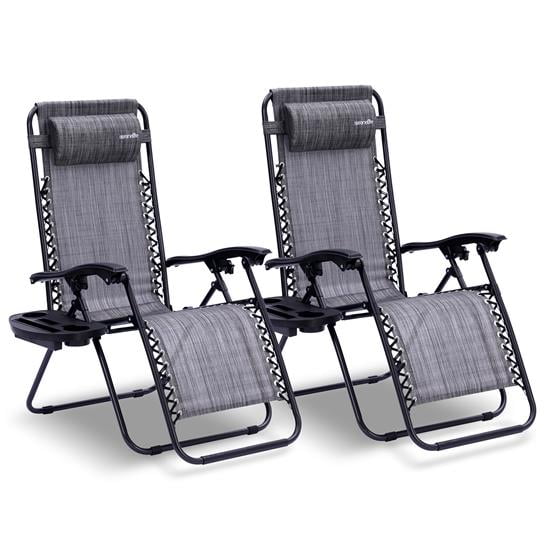 Zero Gravity Lounge Chair, Adjustable Steel Mesh Recliners, with Removable Pillows and Cup Holder Trays, Side Tables, Set of 2, Gray