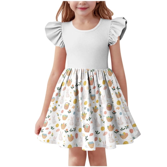SELONE Teen Girl Dresses Ruffle Short Sleeve Princess Dress Crew Neck Midi Sundress Easter Egg Sweet Beach Outfits 3-14Y