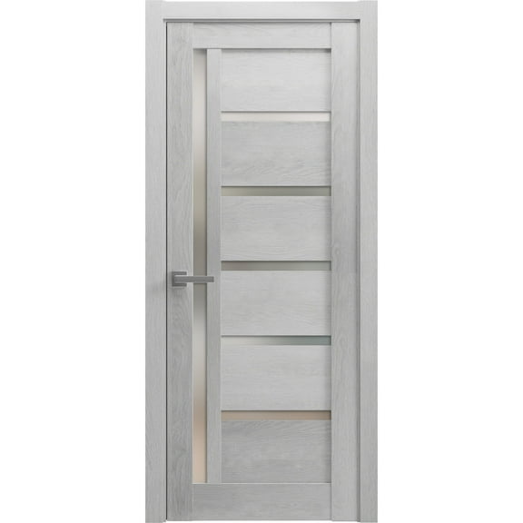 Solid French Pre-Hung Door Frosted Glass | Quadro 4088 Light Grey Oak | Single Regular Panel Frame Trims Handle | Bathroom Bedroom Sturdy Doors -18" x 84"