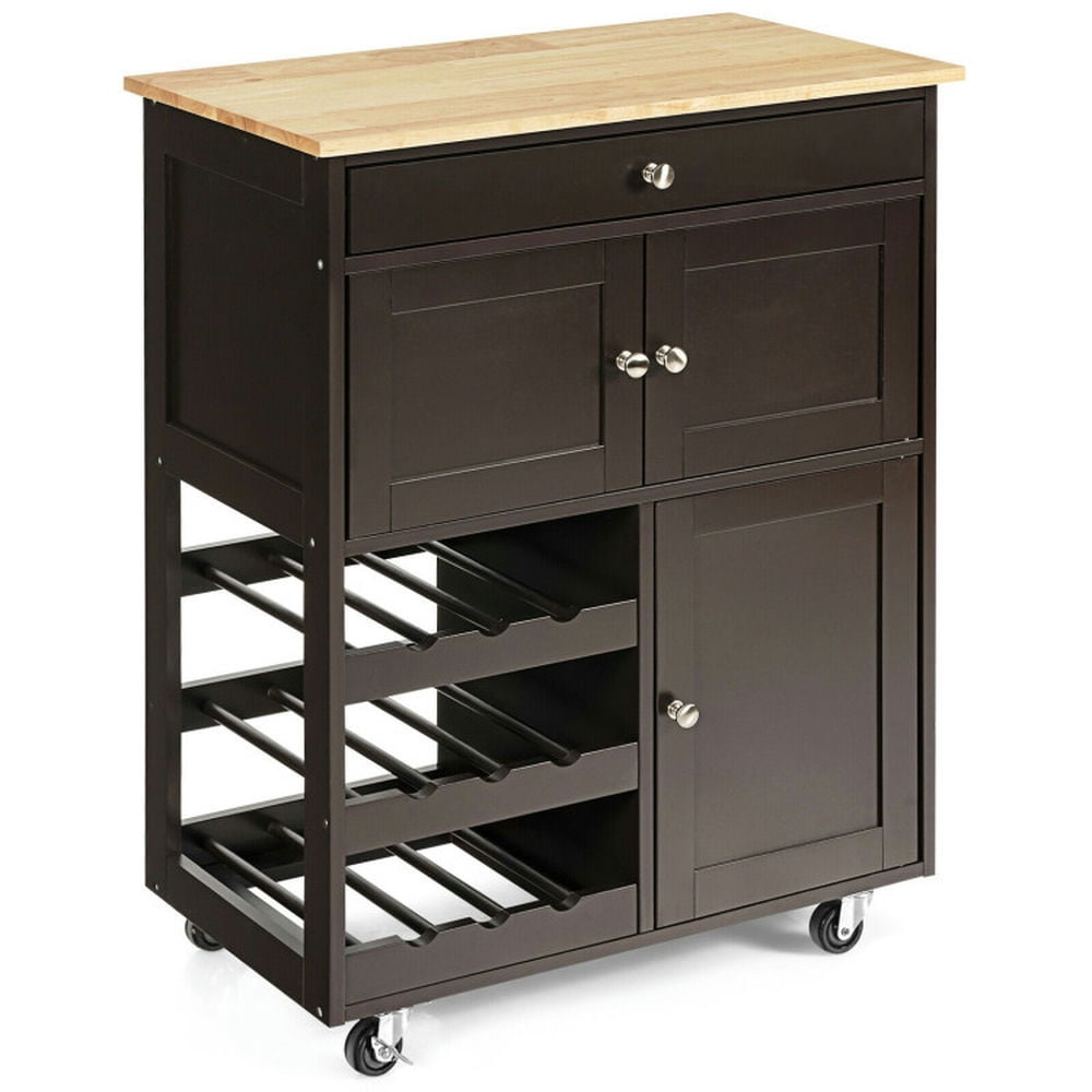 Finihen Rolling Cart, Kitchen Island Cart, Kitchen Cart with Rubber Wood Top 3 Tier Wine Racks 2 Cabinets, for Kitchen, Dining Room, Brown Finihen Rolling Cart, Kitchen Island Cart, Kitchen Cart with Rubber Wood Top 3 Tier Wine Racks 2 Cabinets, for Kitchen, Dining Room, Brown