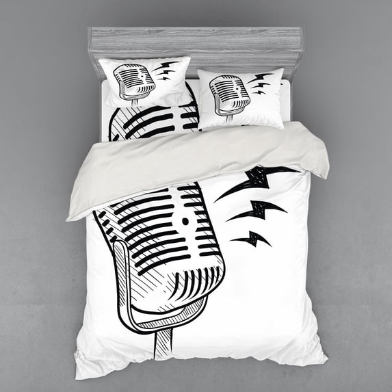 Ambesonne Hipster Bedding Set 4 Pcs, Retro Microphone Radio, Queen, Black White