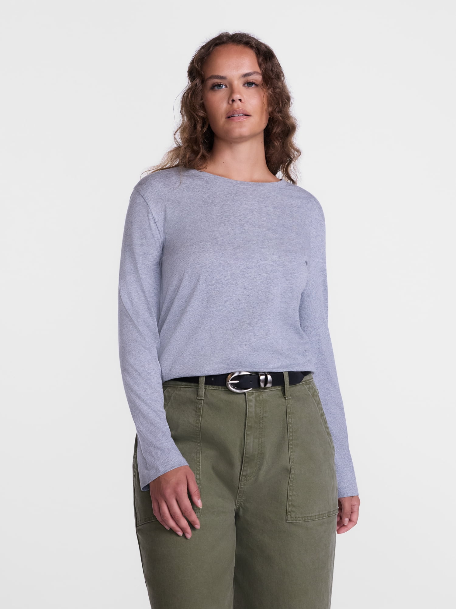 Scenario Women's Cotton Crewneck Tee with Long Sleeves, Sizes XS-XXXL