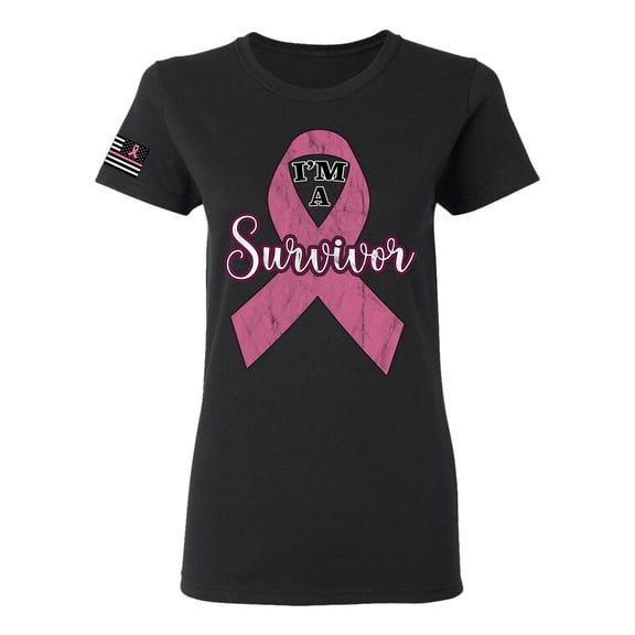 Wild Bobby Pink I'm A Breast Cancer Survivor US Flag Breast Cancer Awareness Women Graphic Tee, Black, Small