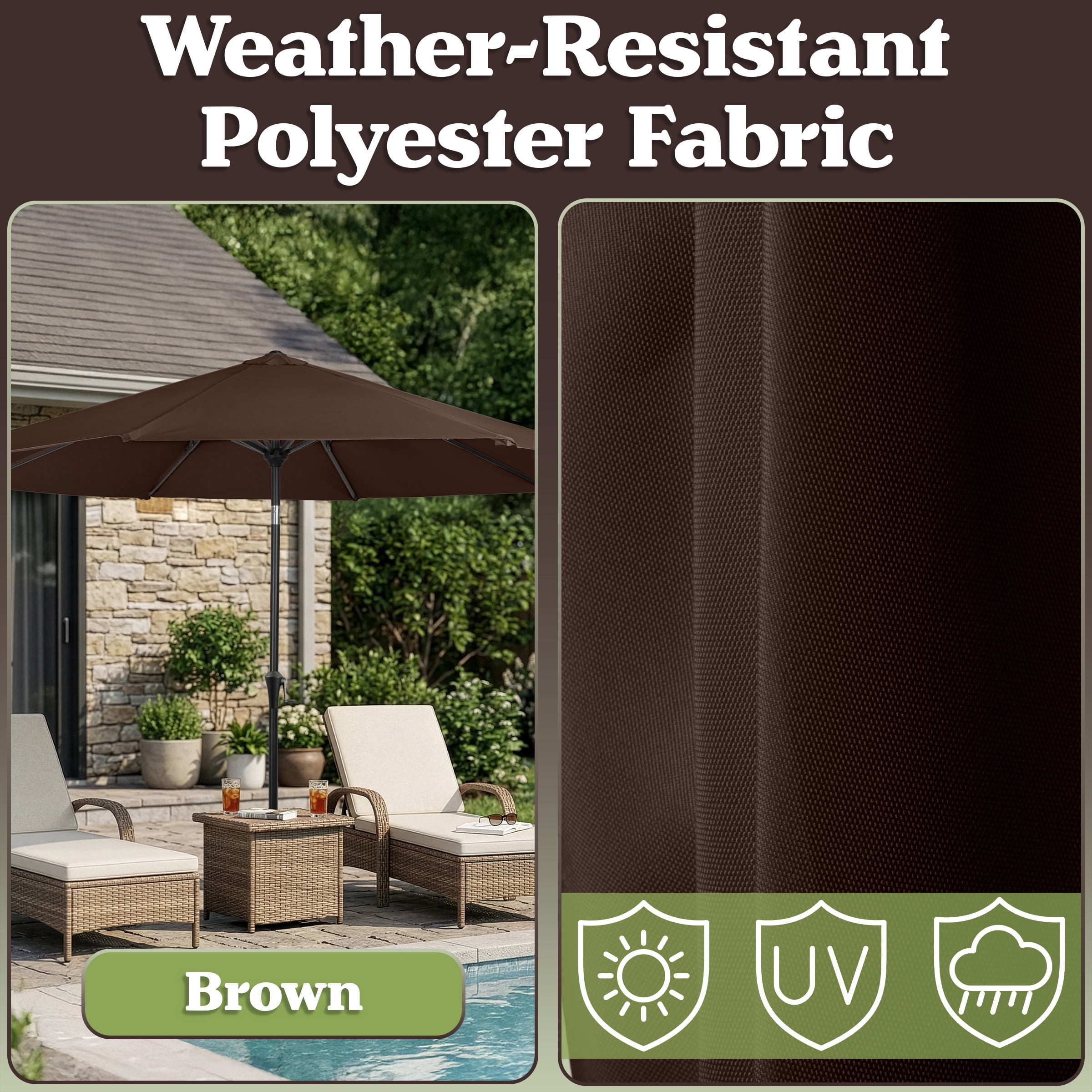 Villacera 9FT Outdoor Patio Umbrella Shade with Auto Tilt, Brown