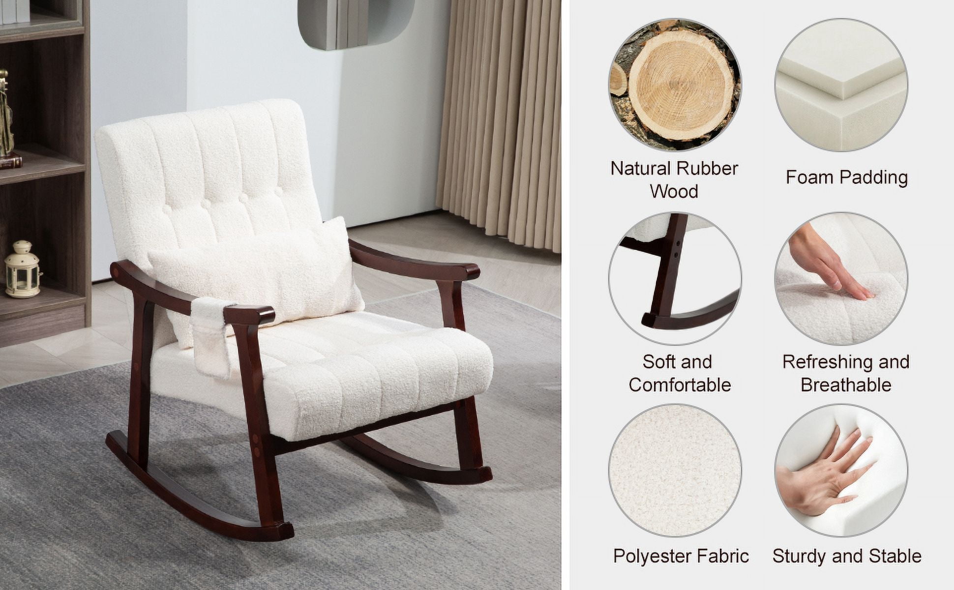 Rocking Chair with Massage Lumbar Support,Upholstered Glider Chair with Side Pocket, Nursery Rocker with High Backrest,Rubber Wood Legs, Rocking Accent Armchair for Living Room Bedroom Nursery