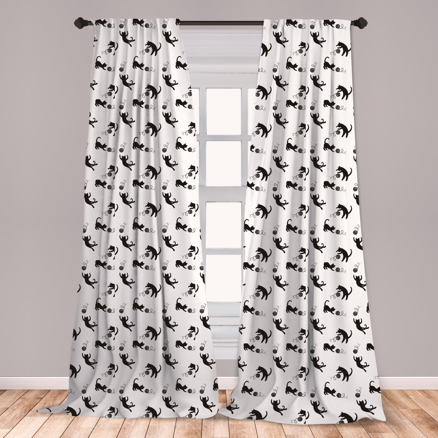 Cat Curtains 2 Panels Set Domestic Animals Chasing After Yarn Domestic Animals Chasing After Yarn