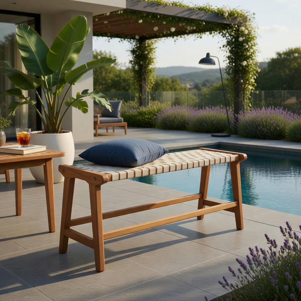 Hommoo 47" Teak Wood Patio Bench with Woven PP Seat, Sturdy Outdoor Bench for Patio, Porch, Poolside & Entryway, Natural