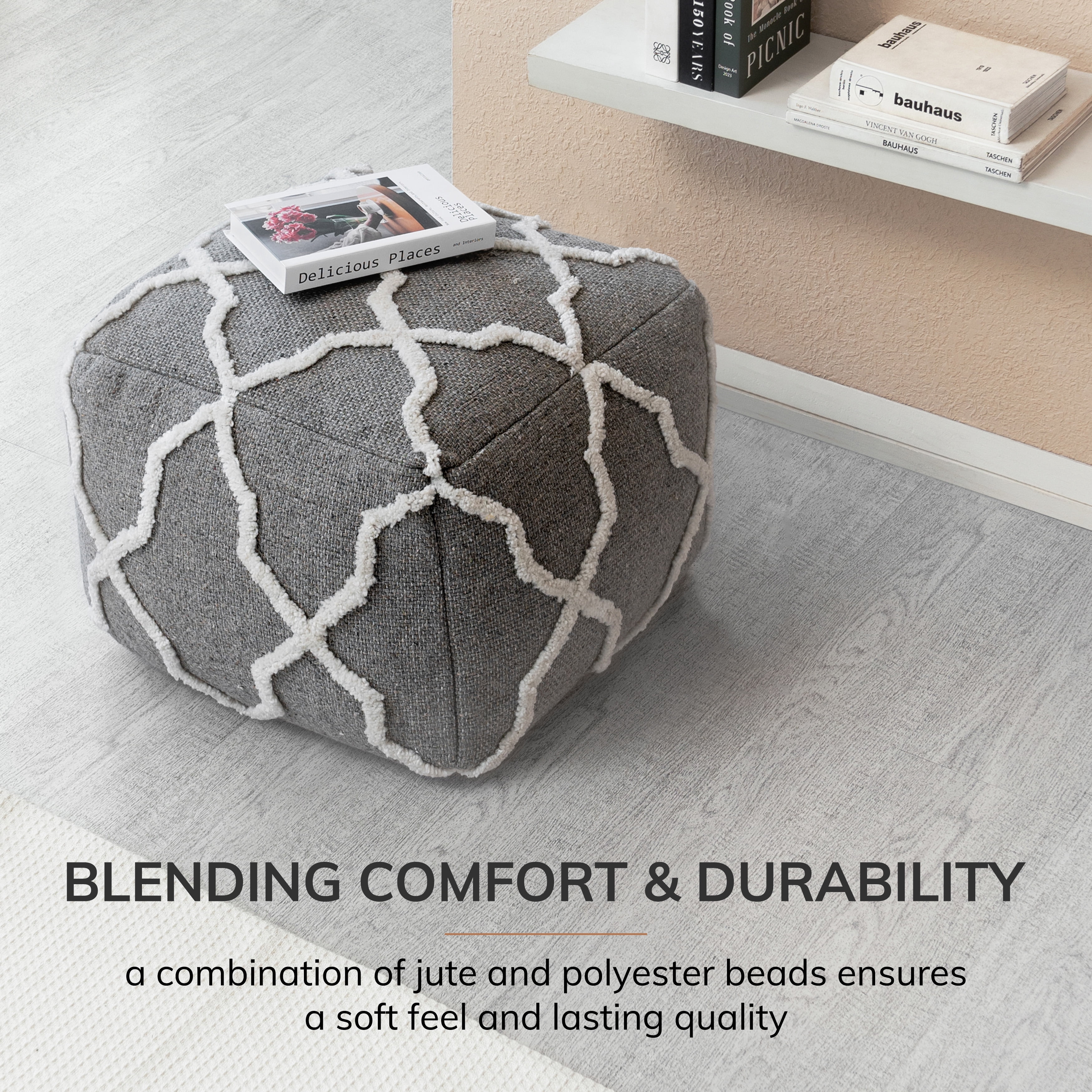 Diamond Joe Gray Ivory Jute Pouf Ottoman