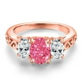 thumbnail image 3 of Gem Stone King 18K Rose Gold Plated Silver Fancy Pink Zirconia and White Zirconia Filigree Style 3 Stone Ring for Women (2.07 Cttw, Oval 8X6MM and 6X4MM) (Size 9), 3 of 6