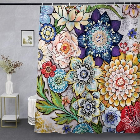 Newhomestyle Boho Floral Shower Curtain, Colorful Mandala Retro Hippie Haskell Ethnic Unique Artwork Cloth Fabric Bathroom Decor 72×72 Inches
