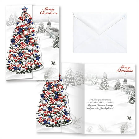 Patriotic Christmas Cards with Envelopes, Red White and Blue Snow Covered Tree, Set of