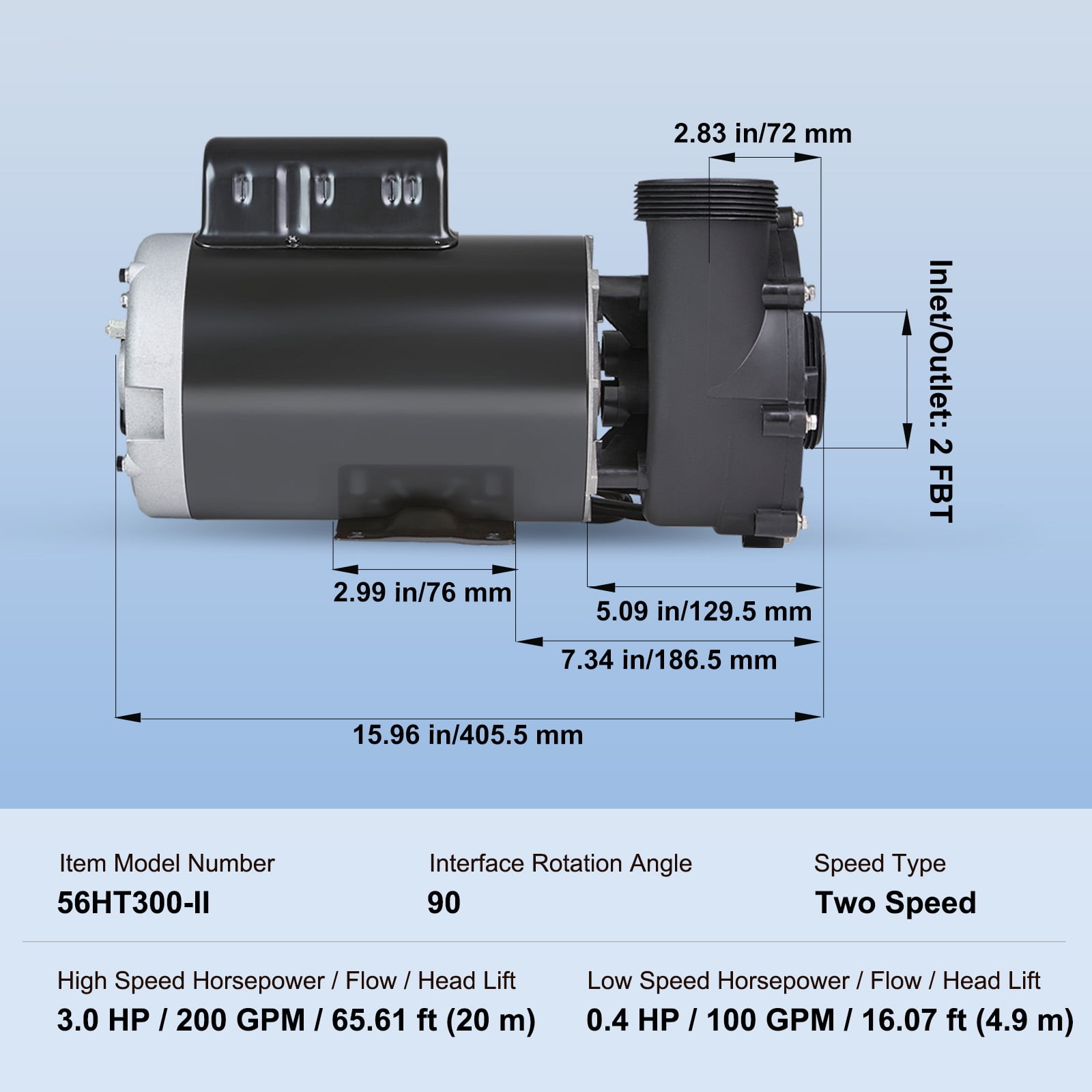 SKYSHALO Dual-Speed SPA Pump, 56-Frame, AC220-240V, Suitable for Hot Tubs, 3HP/200GPM/65.61ft for High-Speed Operation or 0.4HP/100GPM/16.07ft for Low-Speed, 2" Port with 90° Adjustable Interface