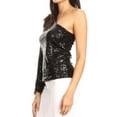 thumbnail image 4 of Women's Sexy One Shoulder Sparkly Sequin Top Bell Long Sleeve T-Shirt Blouse Night Out Party, Black, X-Large, 4 of 6