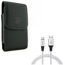 Black Leather Side Case Cover Protective Pouch w Durable Braided 6ft Long Type-C USB Cable Wire Sync Z3J for BLU Vivo XI Plus - CAT S48c - Google Pixel XL 3a XL 3 XL 2 XL - HTC Bolt, U11