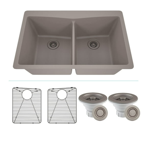 33" x 22" Quartz Kitchen Sink, Double Bowl Sink, Drop-in Sink, Undermount Sink, Granite Kitchen Sink, Galaxy Concrete Kitchen Sink, with Grids, Basket Strainer and Flange Lexicon Platinum LP-800TM-C