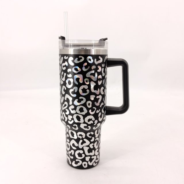 Vaso para helado con asa de 40 oz con estampado de leopardo plateado, de acero inoxidable 304, con pajita