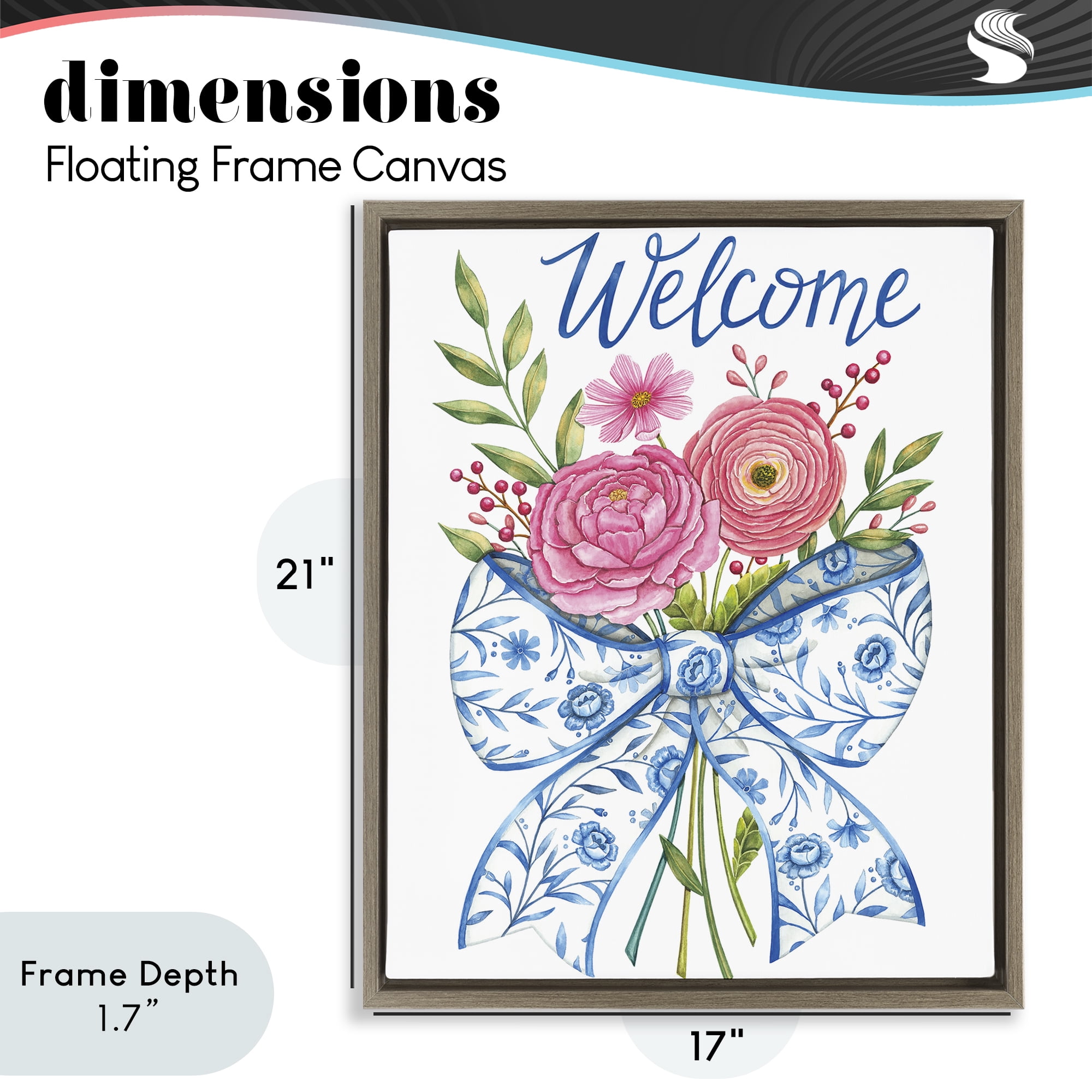 Stupell Industries Bow & Flowers Welcome Brown Framed Floater Canvas Wall Art, design by Deb Strain