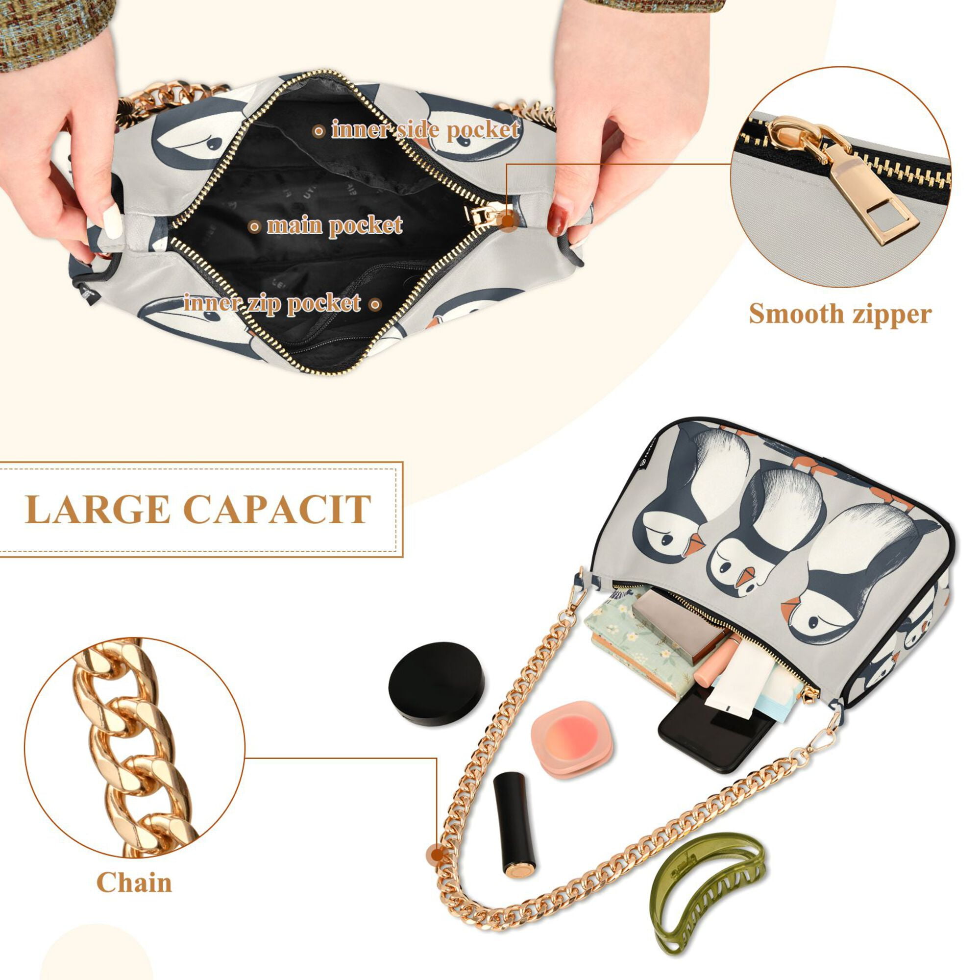 FORMRS Womens Shoulder Bag with Chain Strap Clutch Purse Cute Tote Handbag, Cute Puffin