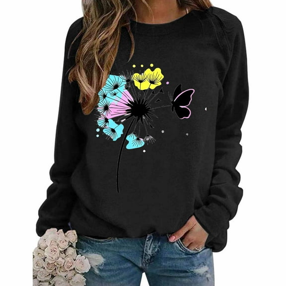 Hvot&aat Womens Dandelion Sweatshirt Round Neck Loose Long Sleeve Pullover Tops Casual Pullover
