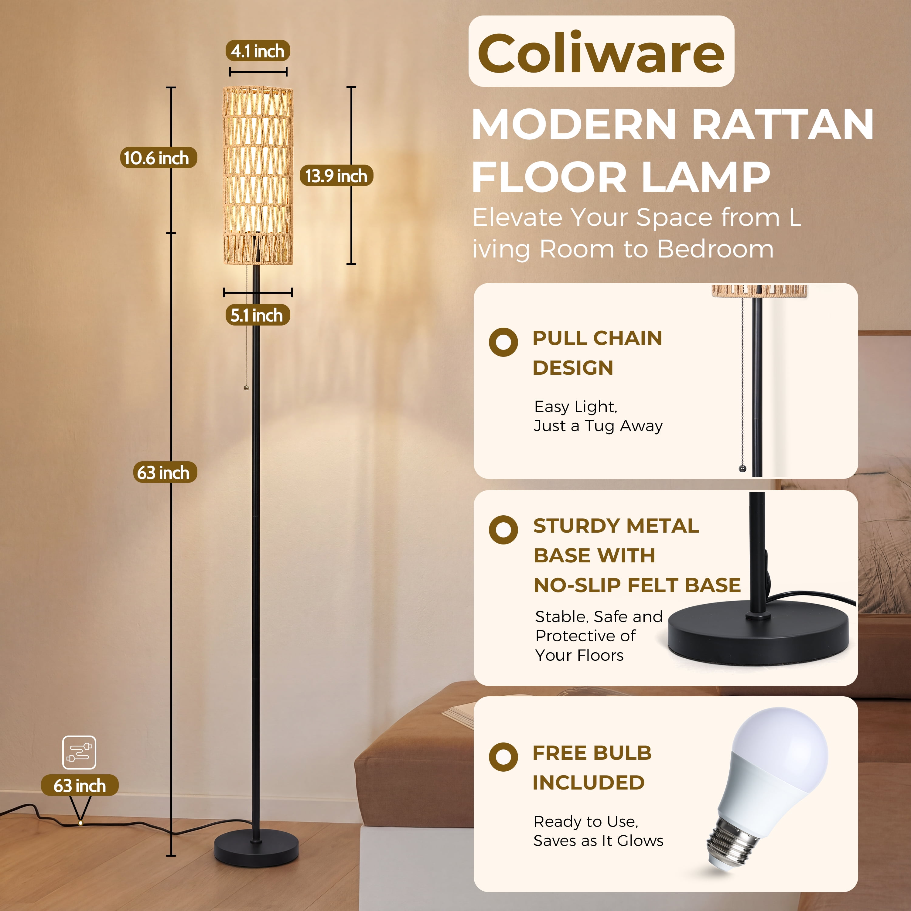 Coliware 63” Rattan Floor Lamp, Black Modern Standing Lamp with Pull Chain Dual Shade, Reading Pole Lamp with 3 Color Temperatures