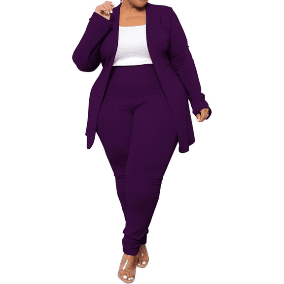 Women's Plus Size 2 Piece Open Front Blazer & Elastic Waist Pant Set Long Sleeve Solid Business Casual Suit Work Party