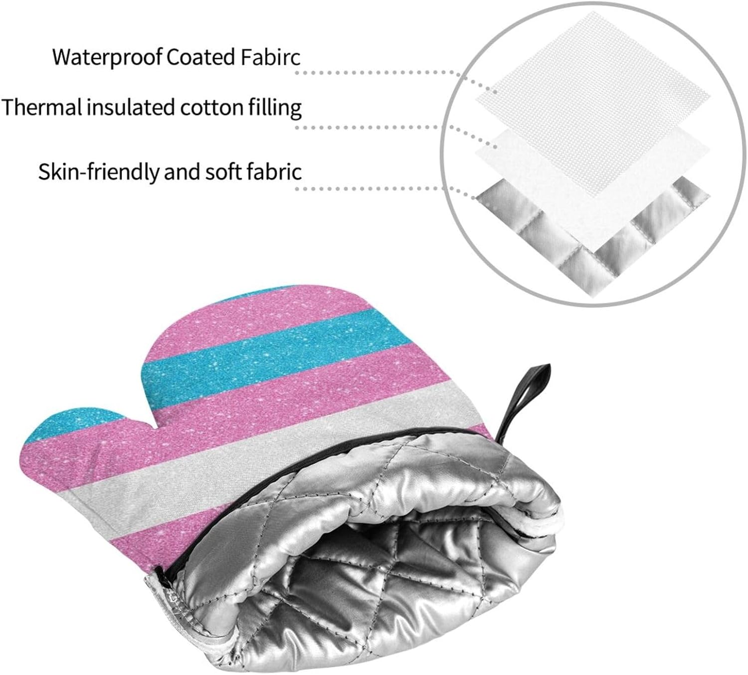 Glitter Transgender Proud Flag Oven Mitts and Pot Holders 4 Pcs Set,High Heat Resistant 500 Degree Extra Thicken Long Kitchen Cotton Oven Glove for Cooking