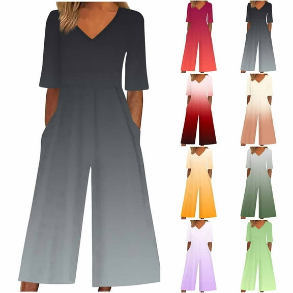 Oksale Womens Short Sleeve Jumpsuits Dressy Loose Gradient Wide Leg Pants with Pockets Zip Back Casual V Neck Summer Clothes Loose Overalls Beach Wear Yellow S