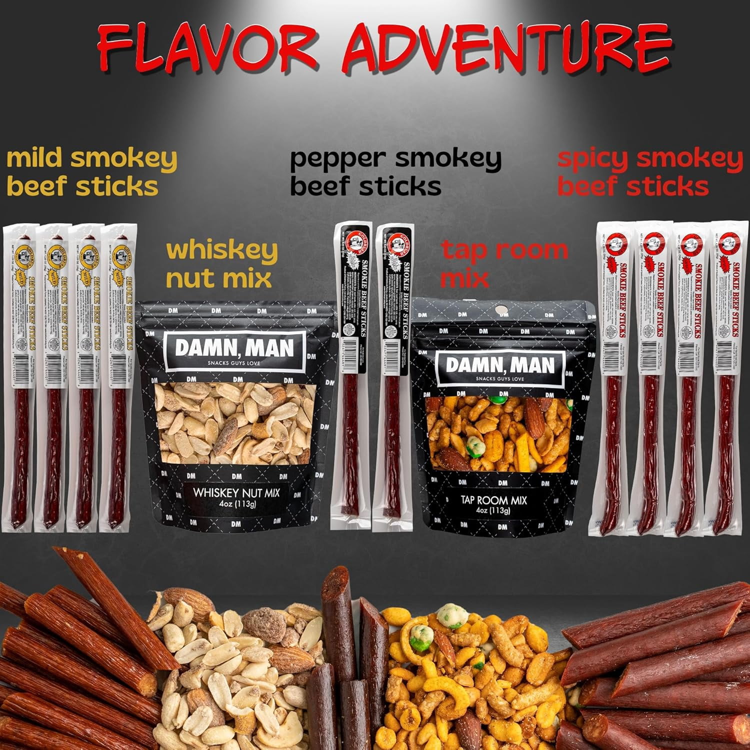 Damn Man Beef Jerky Snack Mixes Gift Assortment Mild Smokey with Nuts 12-Count