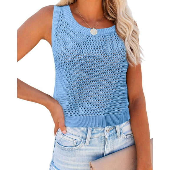WomenRound Neck Crochet Hollow Out Sleeveless Casual Crop Knit Sweater Tank Tops