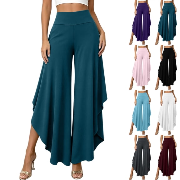 Tqcoqu Women's Solid High Waist Flowy Wide Leg Pants,Layered Split Hem Pants with Side Pockets,Loose Casual Palazzo Trousers for Summer,Green Women's S-XXXL