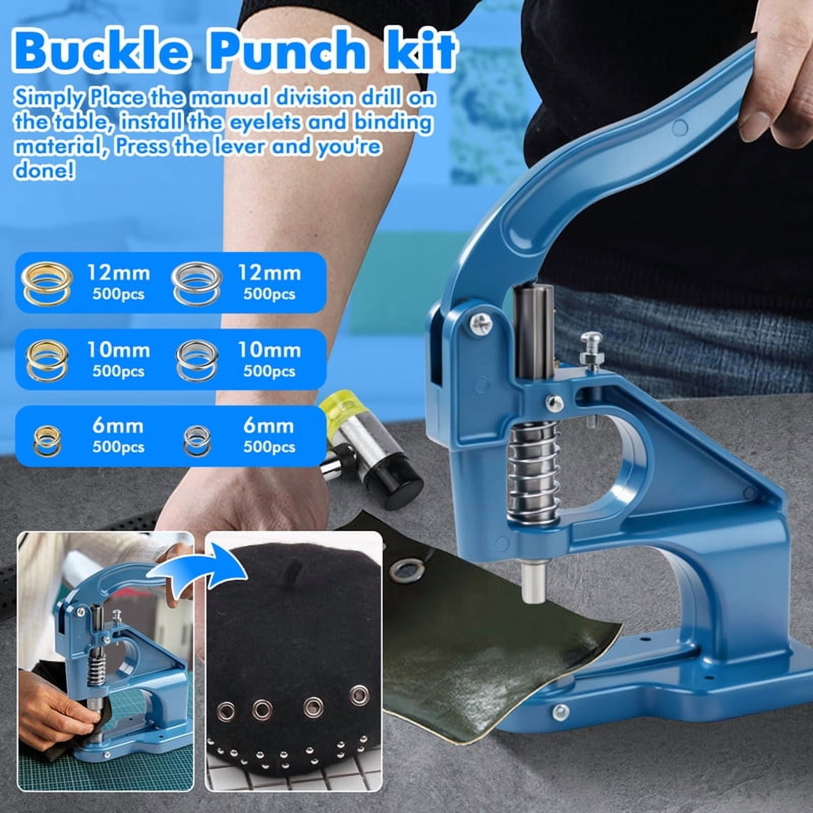 Heavy-duty Punching Machine Kit, Hand-pressed Punching Rivet Setting Tool, For Fabrics, Leather, Banners And DIY Projects, 3 Molds (6mm, 10mm, 12mm) And 3000 Gold And Silver Sealing Rings (Blue)