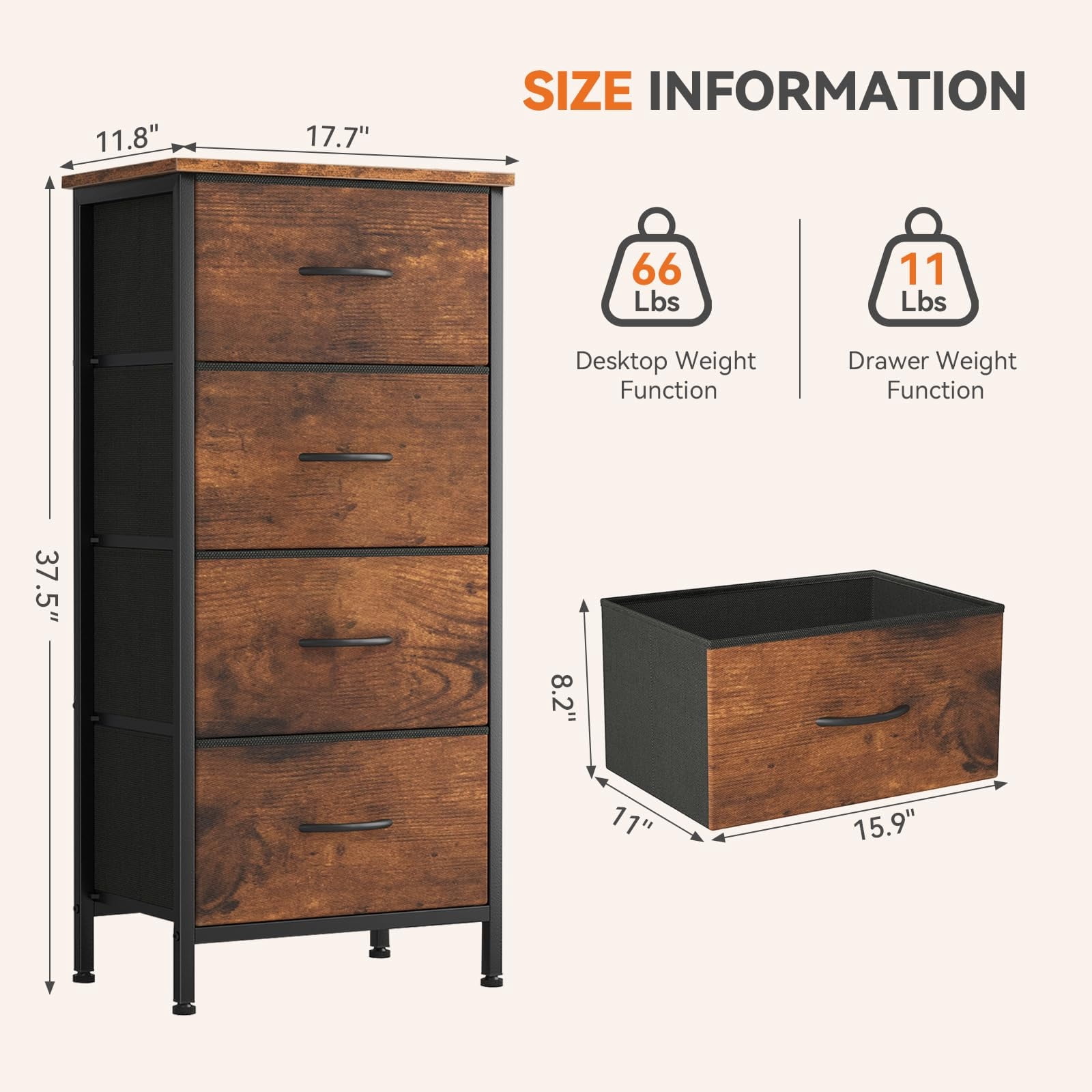 Telyra 4-Drawer Fabric Dresser 37.4" Tall Storage Tower with Wood Top and Steel Frame Narrow Organizer, Rust
