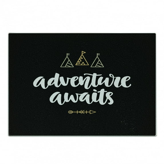 Saying Cutting Board, Modern Calligraphy with Doodle Tents Tribal Elements Boho Adventure Theme, Decorative Tempered Glass Cutting and Serving Board, Small Size, Pale Orange and White, by Ambesonne