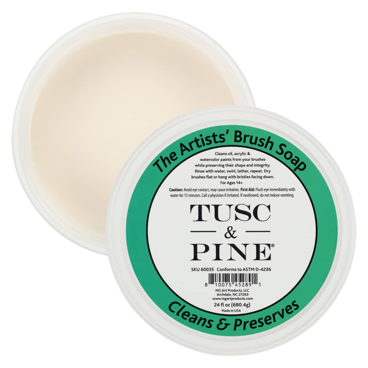 Tusc & Pine The Artists' Brush Soap - 2oz and 24 oz Set - Plant-Based Brush Cleaner, Oil, Acrylic, Watercolor Paint - Nourishes Bristles; Made in North Carolina; Alkali Soap, Gentle Pine Fragrance