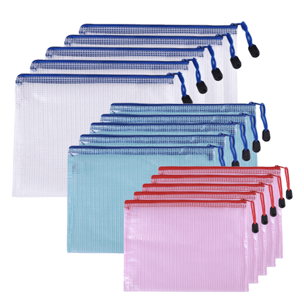 Plastic Mesh Zipper Pouch, 15 Packs (A4/A5/A6 Size) Waterproof Mesh Bag  Document Bag File Folder for School Office Supplies - 5pcs Transparent  (A4)+5pcs Blue (A5)+5pcs Red (A6) 