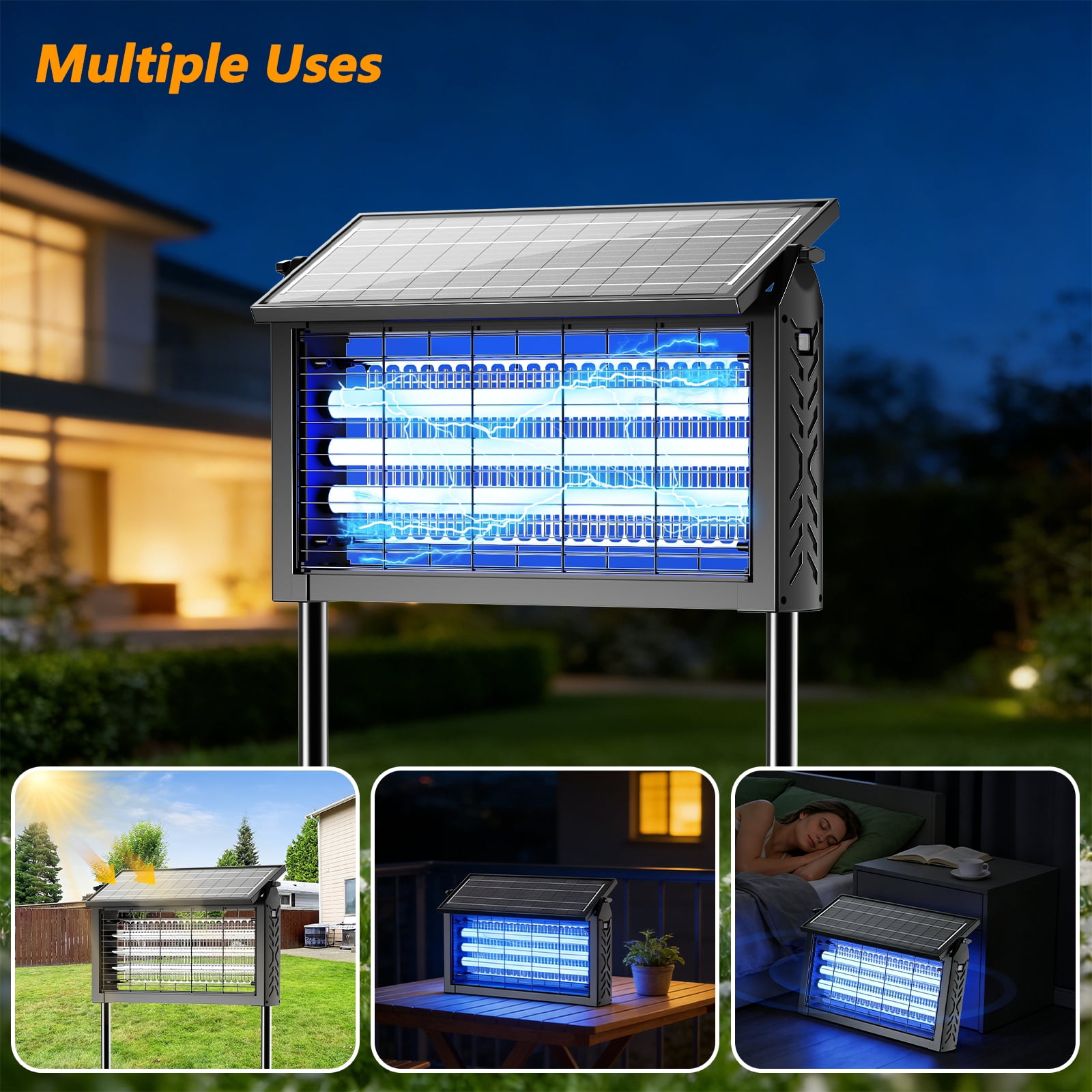 Solar-Powered Bug Zapper, 4200V Electric Insect Trap with 395nm Light Tube, 3000mAh Battery, IPX67 Waterproof, for Patio, Garden, Backyard and Indoor Use (50*24.5CM)