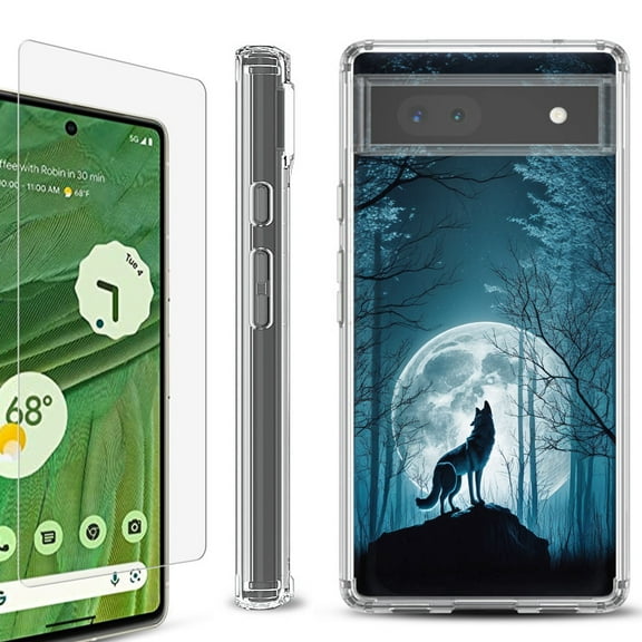 Shockproof Bumper Phone Case for Google Pixel 6a, with Tempered Glass Screen Protector, by OneToughShield ® - Wolf Moon