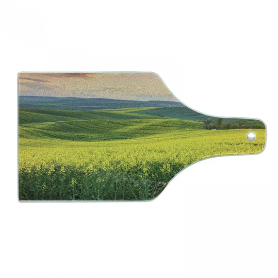 Yellow Cutting Board, Spring Landscape Wildflower Fields Sunrise Colorful Sky and Hills Valley Picture, Tempered Glass Cutting and Serving Board, Wine Bottle Shape, Yellow Green, by Ambesonne