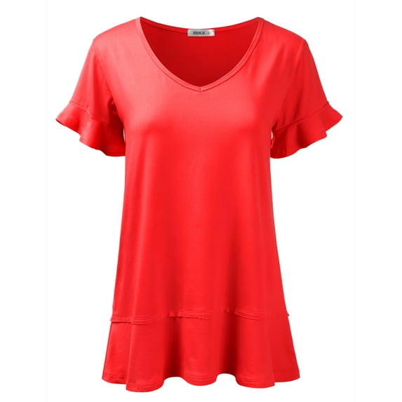 Doublju Women's Short Sleeves Flare Tunic Tops for Leggings Flowy Shirt with Plus Size