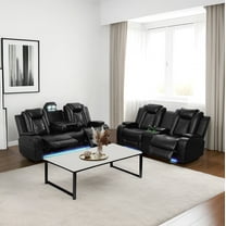 PonLiving Leather Power Recliner Sofa Set with LED Lights and USB Chargers - Black Leather Living Room Furniture Set SOFA LOVESEAT