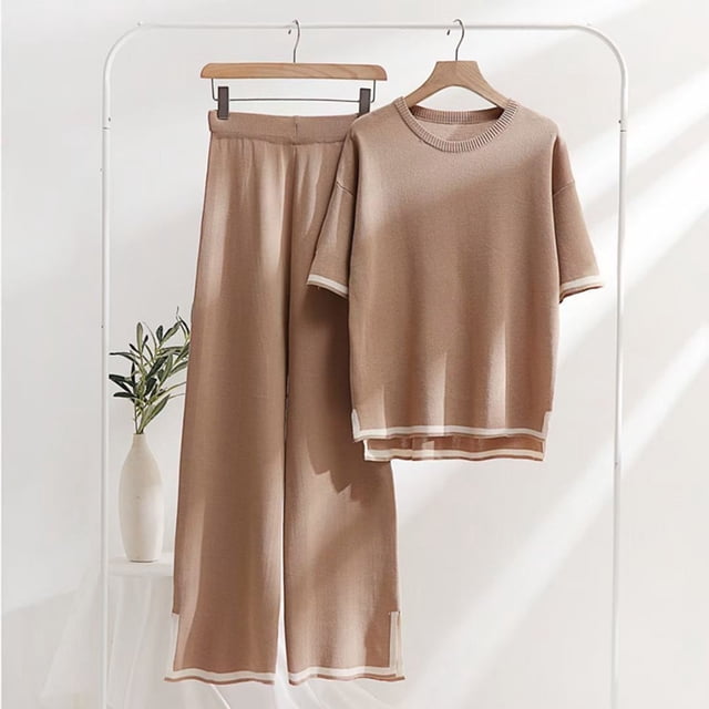 ICHUANYI ClearanceWomen Summer Pants Printing Short Sleeved Shirt Casual Two Piece Suit(Khaki, M) ICHUANYI WER20232080503510