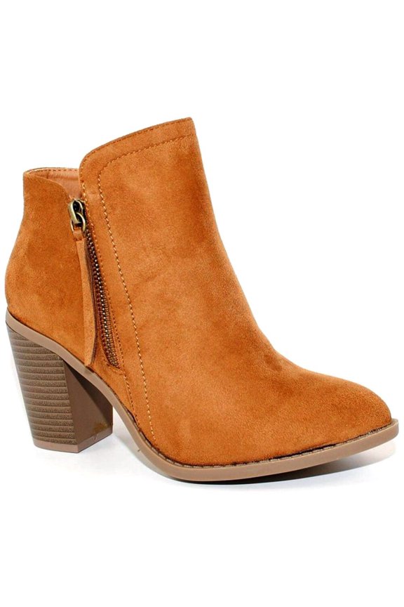 Women's Chunky Stacked Heeled Booties Side Zipper Suede Ankle Boot Chestnut 7