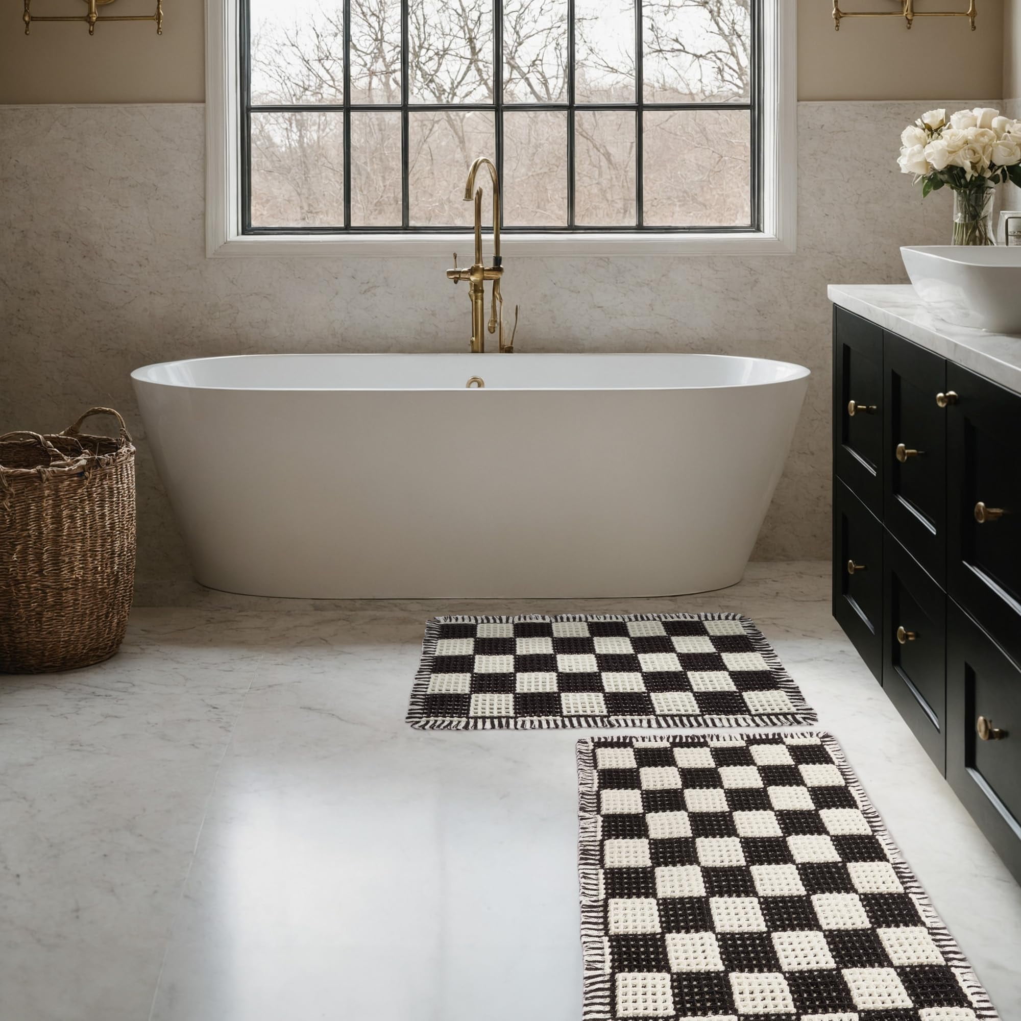 MatEssenz Waffle Bathroom Rug Set, Super Absorbent Quick-Drying Bath Mat, Machine Washable Non-Slip Backing Soft Rug for Bathroom Floor and Tub, 17"x24"+18"x30"