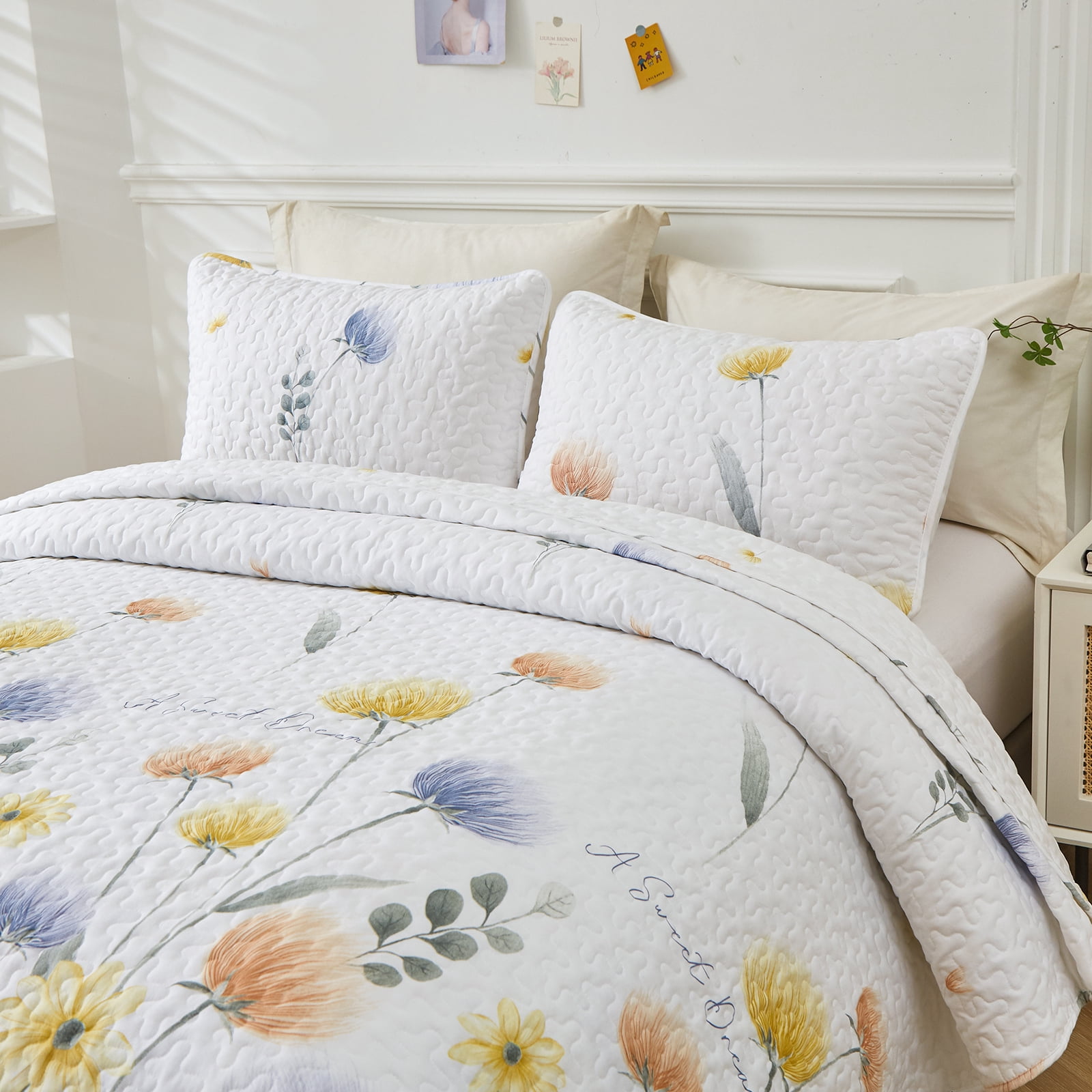 3 Pcs Blue Floral Quilt Set King Size, Bedspread Set Lightweight Coverlet for All Seasons(90"x104")