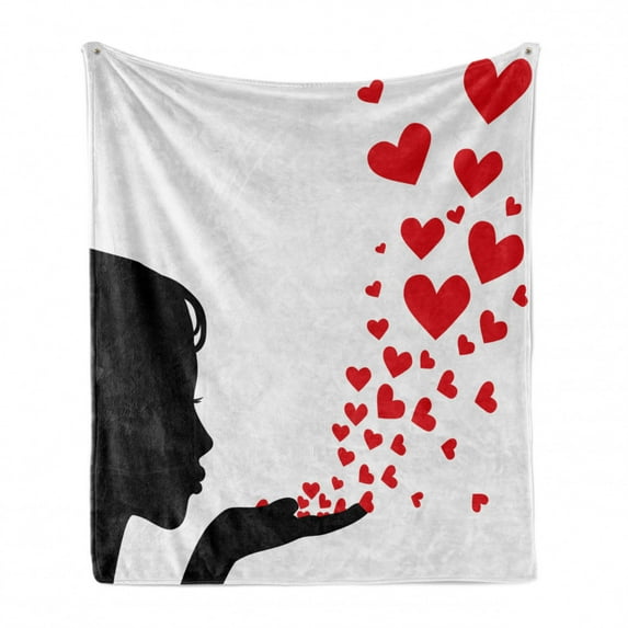 Kiss Soft Flannel Fleece Throw Blanket, Girl Black Silhouette Blowing Red Hearts Romance Love Valentines Day Theme, Cozy Plush for Indoor and Outdoor Use, 70" x 90", Black White Red, by Ambesonne