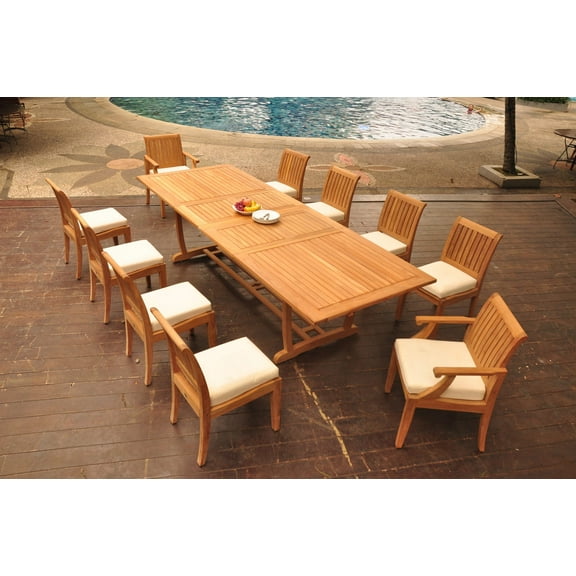 Grade-A Teak Dining Set: 10 Seater 11 Pc: 118" Double Extension Mas Rectangle Trestle Leg Table And 10 Lagos Chairs (2 Arm & 8 Armless Chairs) WholesaleTeak #WMLG13