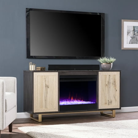

SEI Furniture Wilcola Freestanding Transitional Color Changing Electric Fireplace W/ Media Storage in Dark Brown Natural and Gold Finish