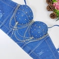 thumbnail image 4 of Nfurl Women's Denim Corset Top Elegant Rhinestone Trim Bustier Corset Lingerie Trendy Party Going Out Bustier with Straps Blue,95, 4 of 6