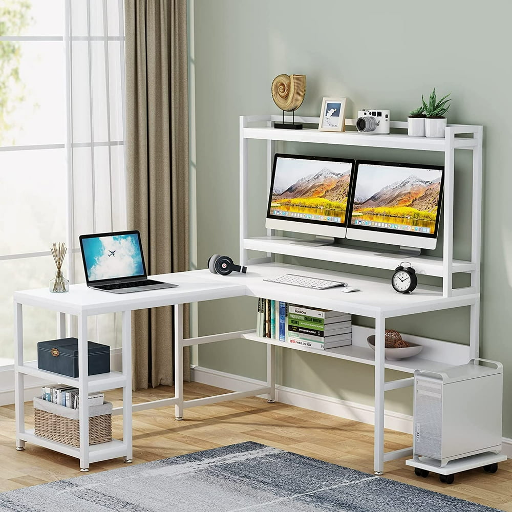 Tribesigns LShaped Desk with Hutch and Storage Shelves, 59 Inch Corner Computer Office Desk